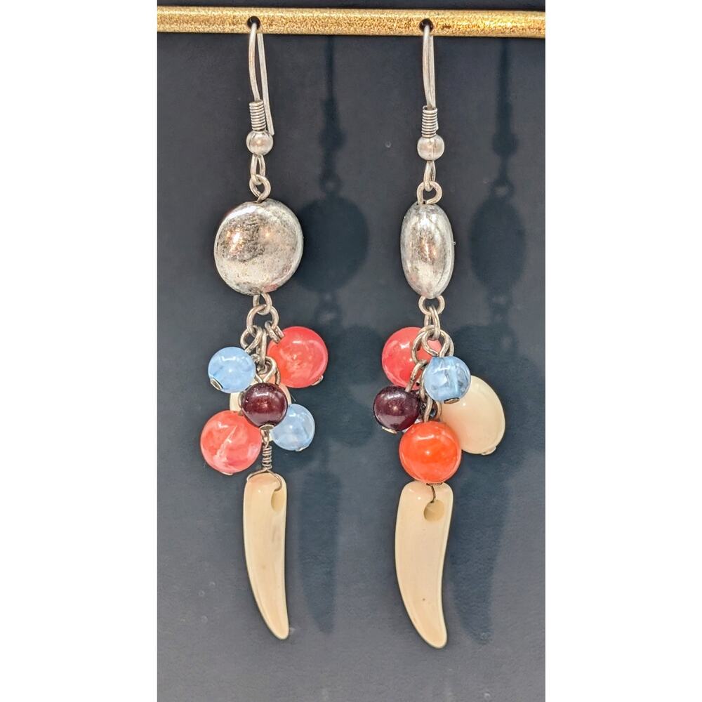Vintage Silver Tone Multi-Color Bead Ball Acrylic Horn Dangle Earrings